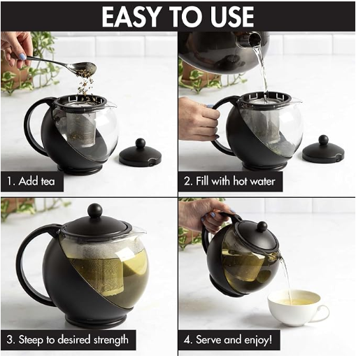 Primula Half Moon Teapot with Removable Infuser, Glass Tea Maker with Reusable Fine Mesh Stainless Steel Filter, Dishwasher Safe, 40-Ounce