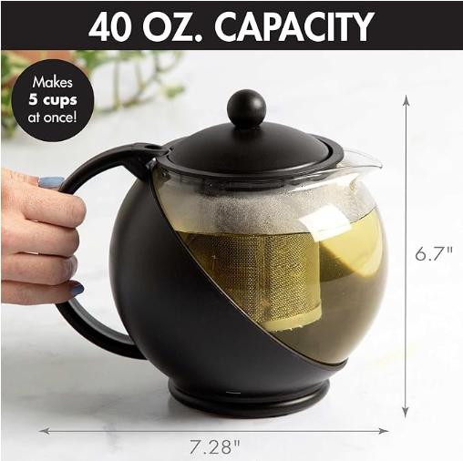 Primula Half Moon Teapot with Removable Infuser, Glass Tea Maker with Reusable Fine Mesh Stainless Steel Filter, Dishwasher Safe, 40-Ounce