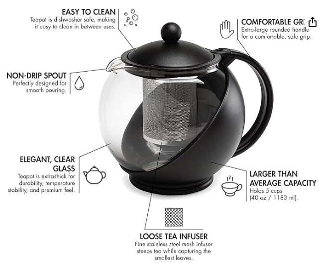 Primula Half Moon Teapot with Removable Infuser, Glass Tea Maker with Reusable Fine Mesh Stainless Steel Filter, Dishwasher Safe, 40-Ounce