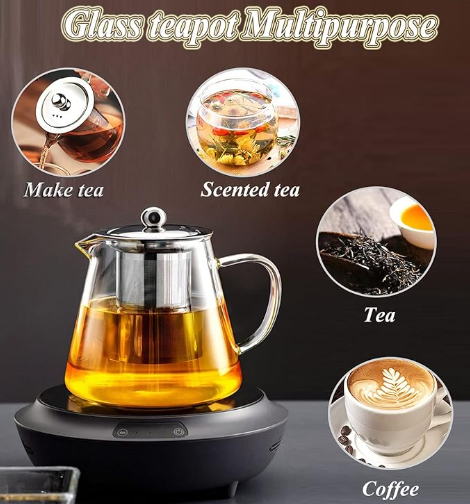 Glass Teapot with Removable Stainless Steel Infuser, Borosilicate Glass Tea Pot with Strainer,for Blooming Tea & Loose Leaf Tea, Microwave & Stovetop Safe