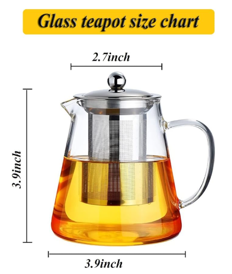 Glass Teapot with Removable Stainless Steel Infuser, Borosilicate Glass Tea Pot with Strainer,for Blooming Tea & Loose Leaf Tea, Microwave & Stovetop Safe